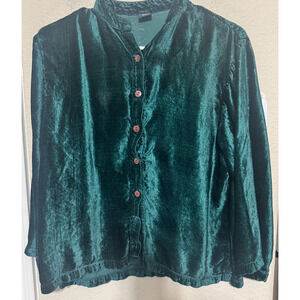 Sacred Threads Velvet Button up Top Long sleeve emerald Green sz S/M boxy shirt